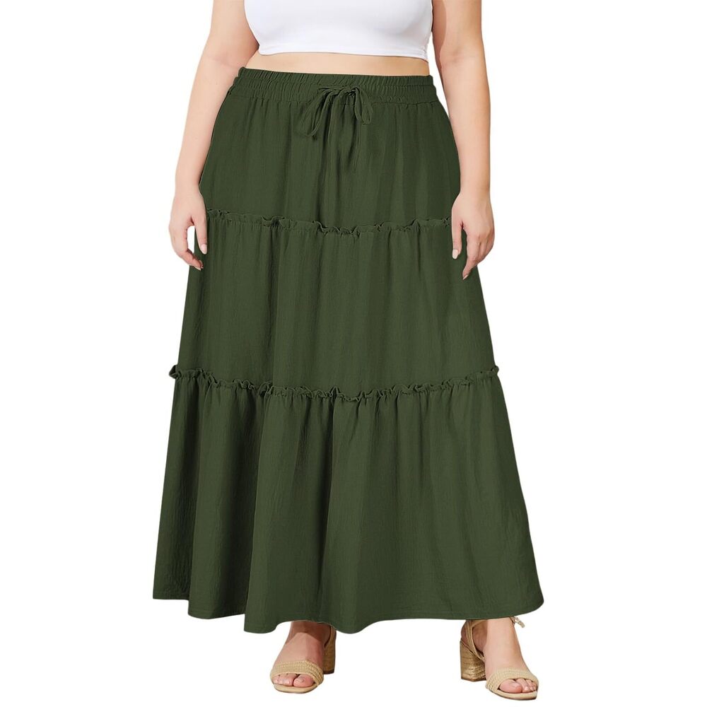 3287 Plus Size Maxi Skirt High Waisted Pleated A Line Flowy Tiered Long